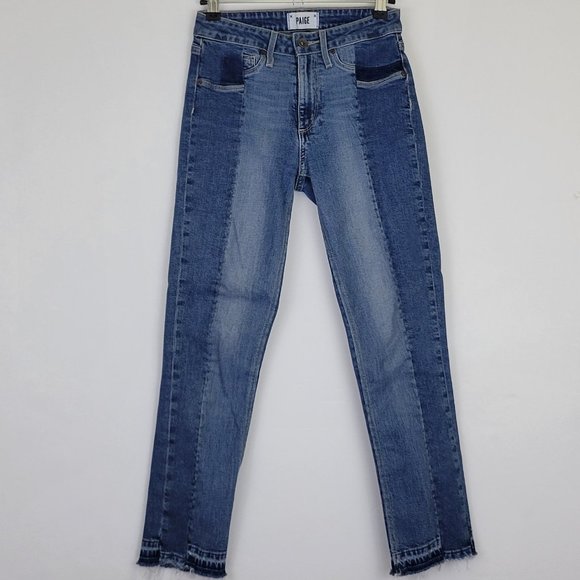 PAIGE High Rise Straight Crop Raw Hem Two Tone Denim Jean in Lyla - Picture 1 of 12